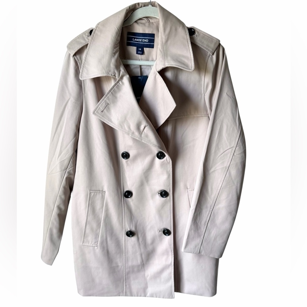 Lands End Trench Coat Womens 14 Khaki Double Breasted Belted Rain Coat NWT